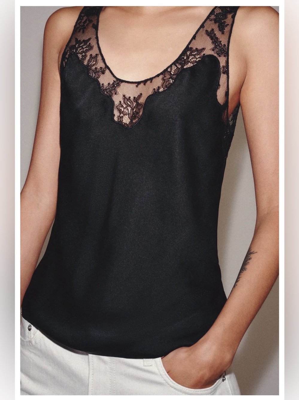 Zara Lace-Trim Black Satin Tank Top S Like New!